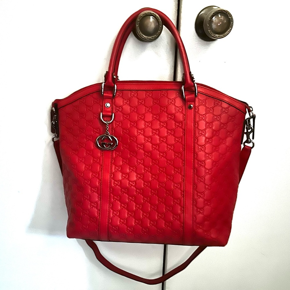 Guccissima Large GG Charm Convertible Dome Satchel Red